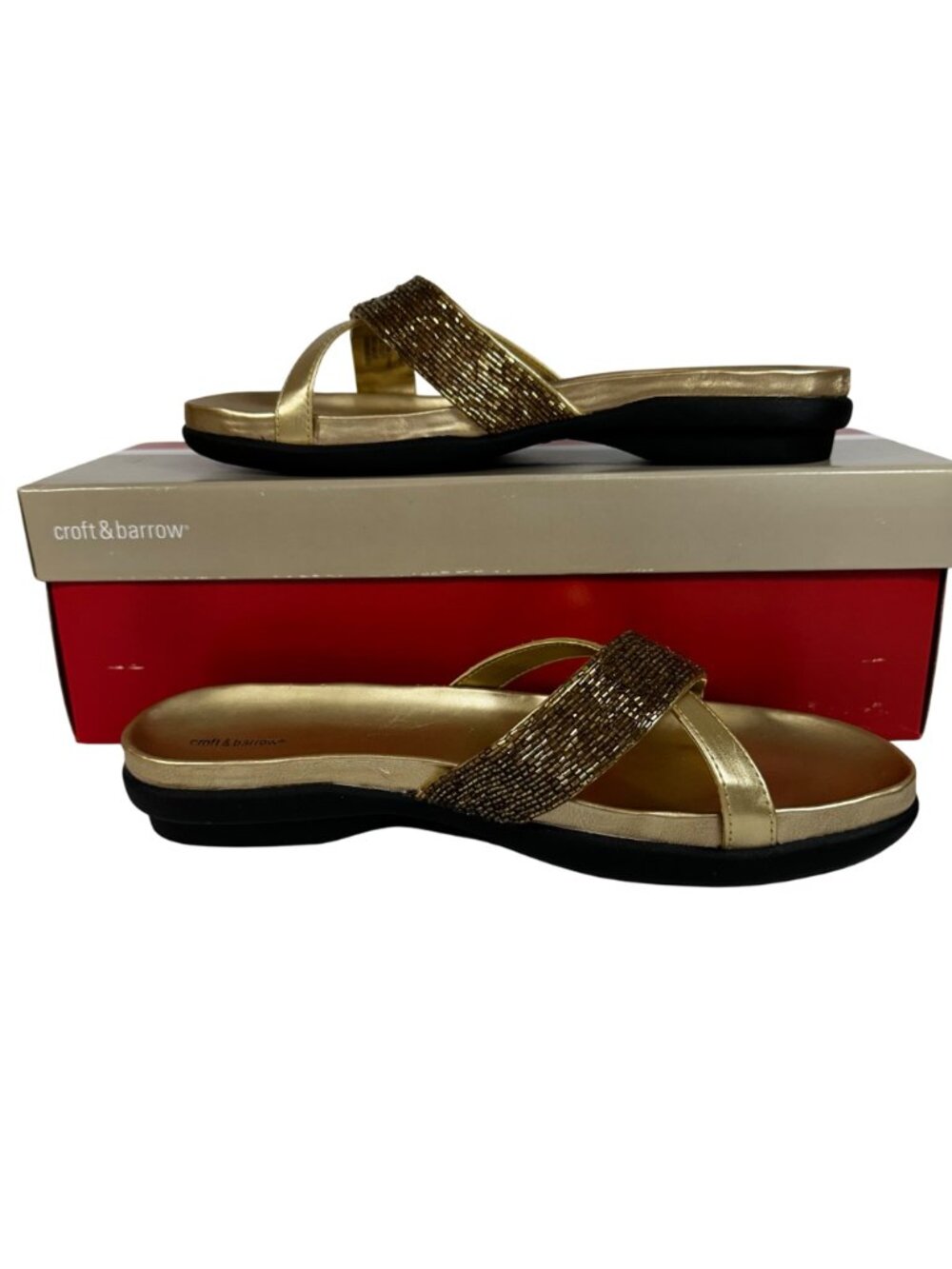 Womens Croft & Barrow Gold Beaded Strappy Slide Sandals  Size 9 M Beach Vacation - Picture 3 of 9
